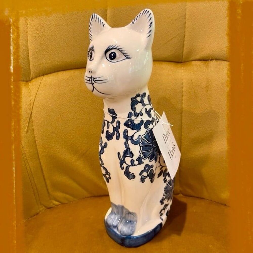 Blue White Ceramic Cat Decorative Statue